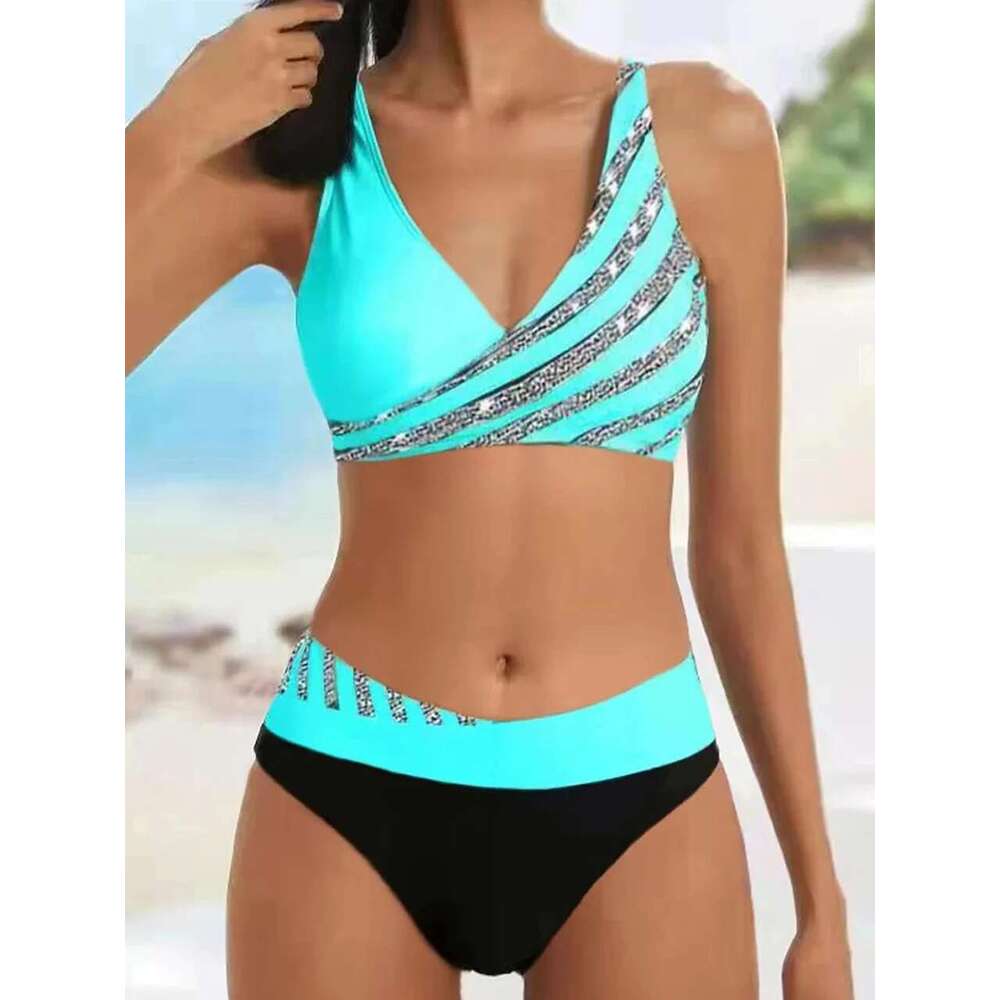 Bikini V Neck Set 2025 Women Stripe Print Patchwork Swimwear Summer Beachwear Swimsuit Female Bathers Bathing Swimming Suit 2XL