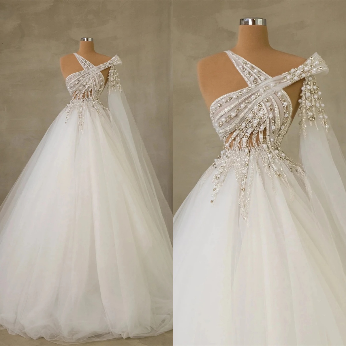 Illusion Evening Dresses One Shoulder Sleeveless Bow Gown Beaded Pearls Crystal Tulle Sweep Train Dress Party Customized Dress