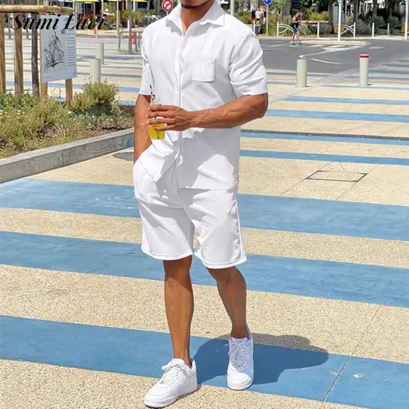 Casual loose mens two-piece set 2025 summer casual solid color shirt and shorts mens clothing fashion short sleeved setXJ250326