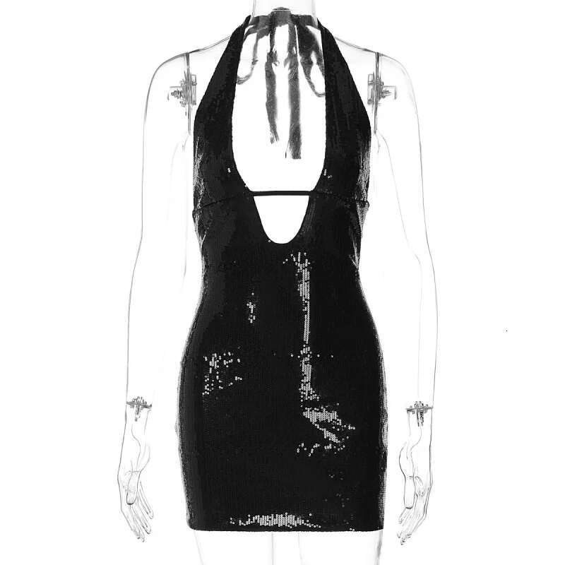 Dongdumaoyi Hot Girl Style Sexy Diepe V Hollow Out Backless Club Halter Bodycon Donkere Damesjurk