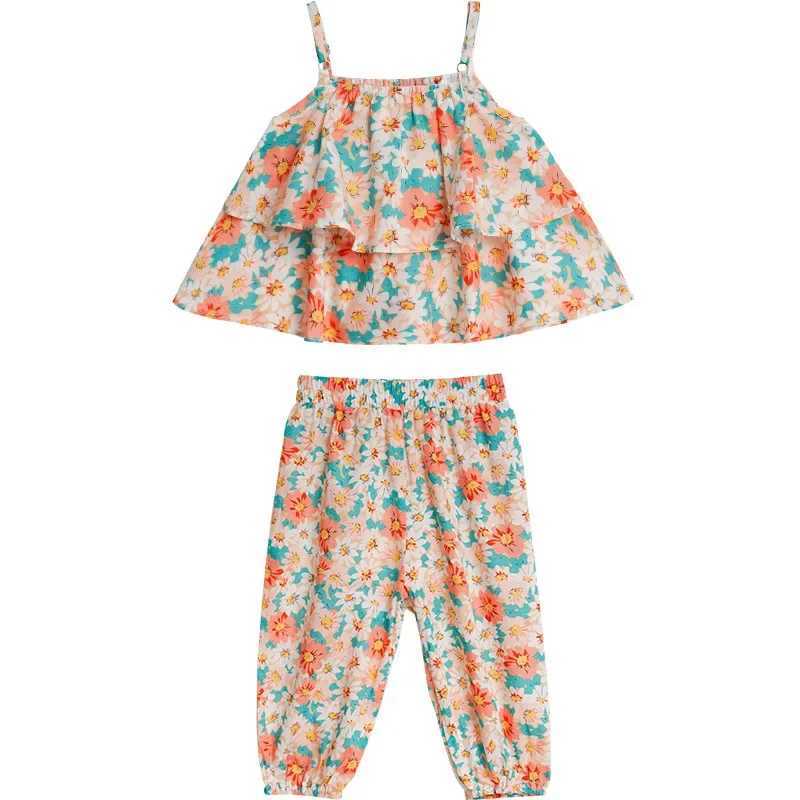 2024 Summer New Baby Girl Set Cute Flower Tank Top and Mosquito Pants Childrens Clothing Set Fashionable Childrens ClothingT250327