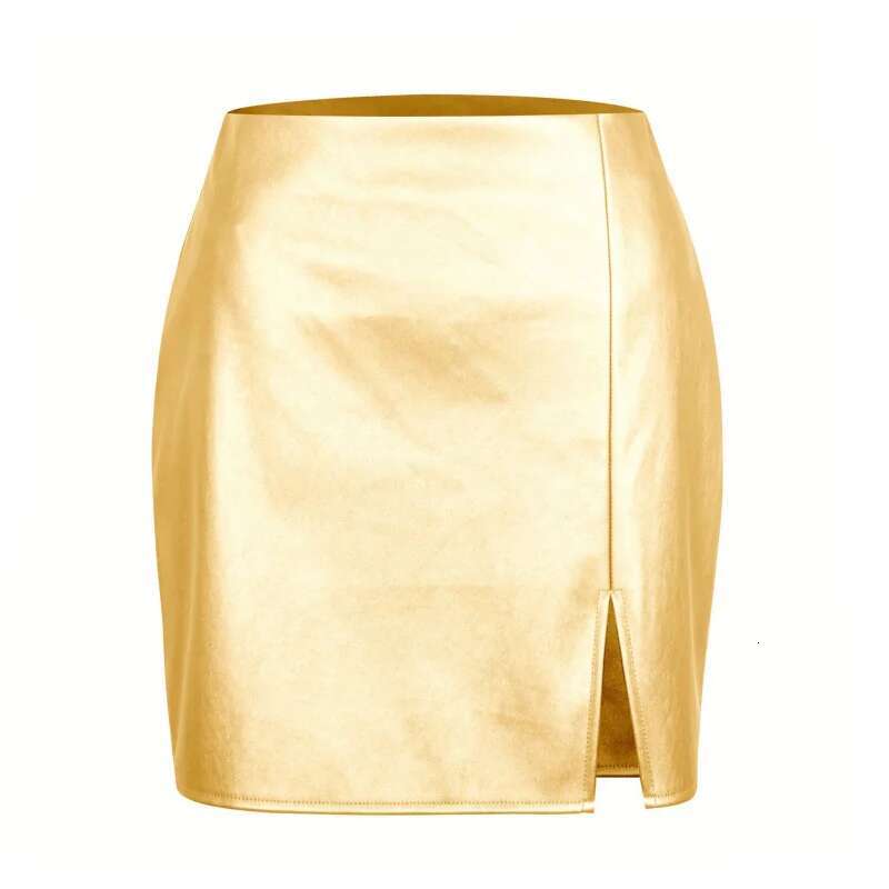 Dongdumaoyi Vrouwen Metallic PU Slit Lederen Rok Sexy Hoge Taille Rits Midi Bodycon Mini A