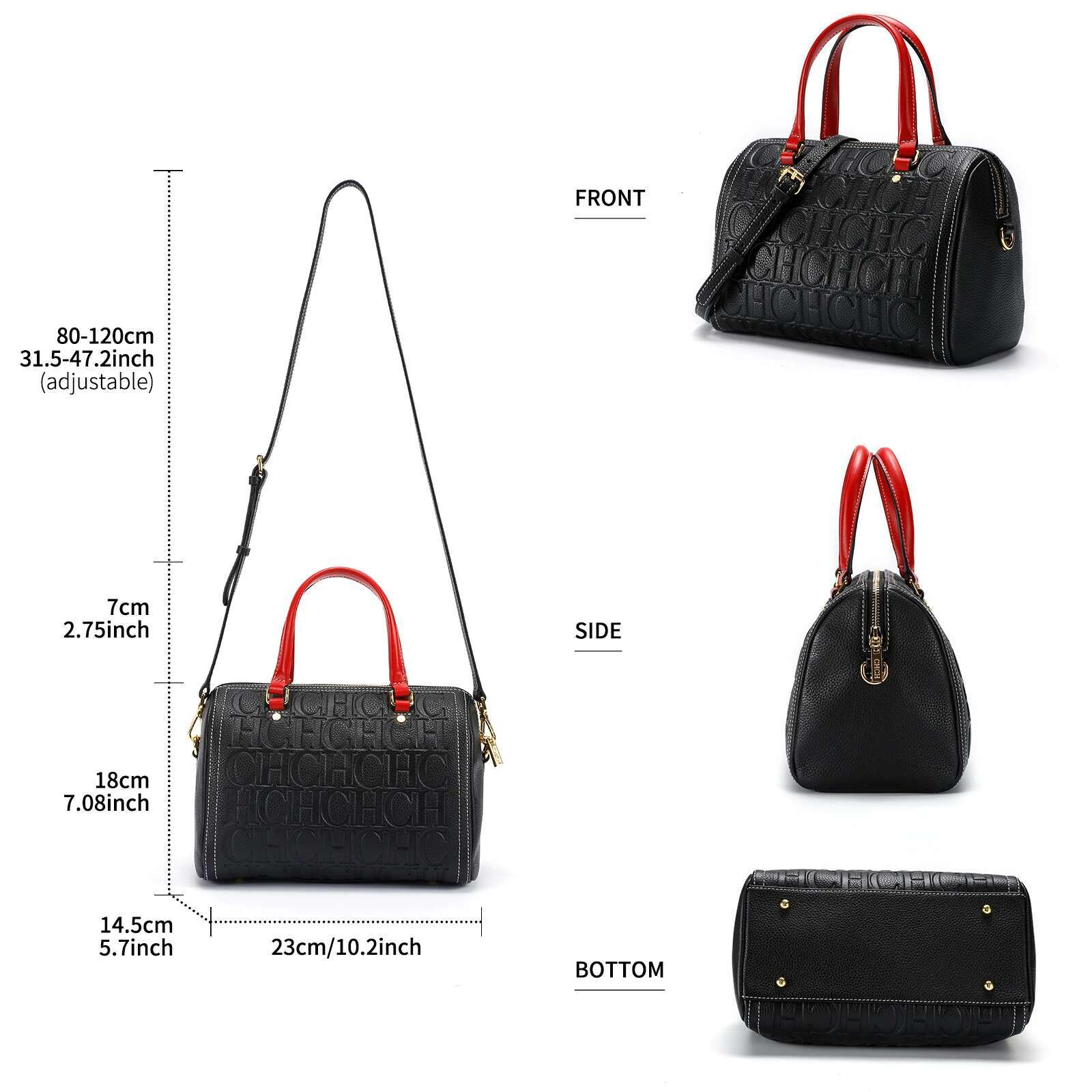 CHCH Women's Shoulder 2024 New Black Cow Leather Letter Emed Zipper Tote Bag 26*14.5*18Cm