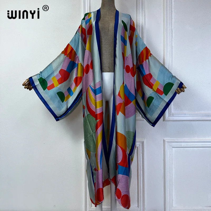 WINYI summer bohemian kimono beach cover swimsuit elegant African women cardigan sexy holiday long sleeved dress 250326
