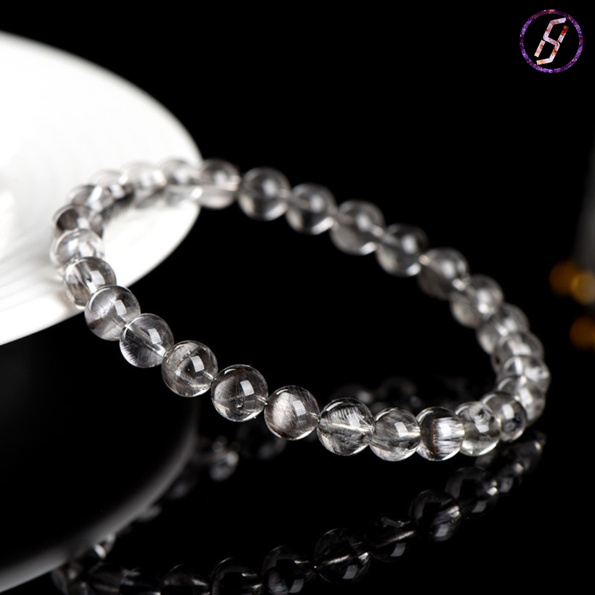 Natural Black Silver Titanium Crystal Bead Bracelet, Rubber Flower Black Silver Titanium Bracelet Handmade Custom Factory Wholesale Protection Crystal