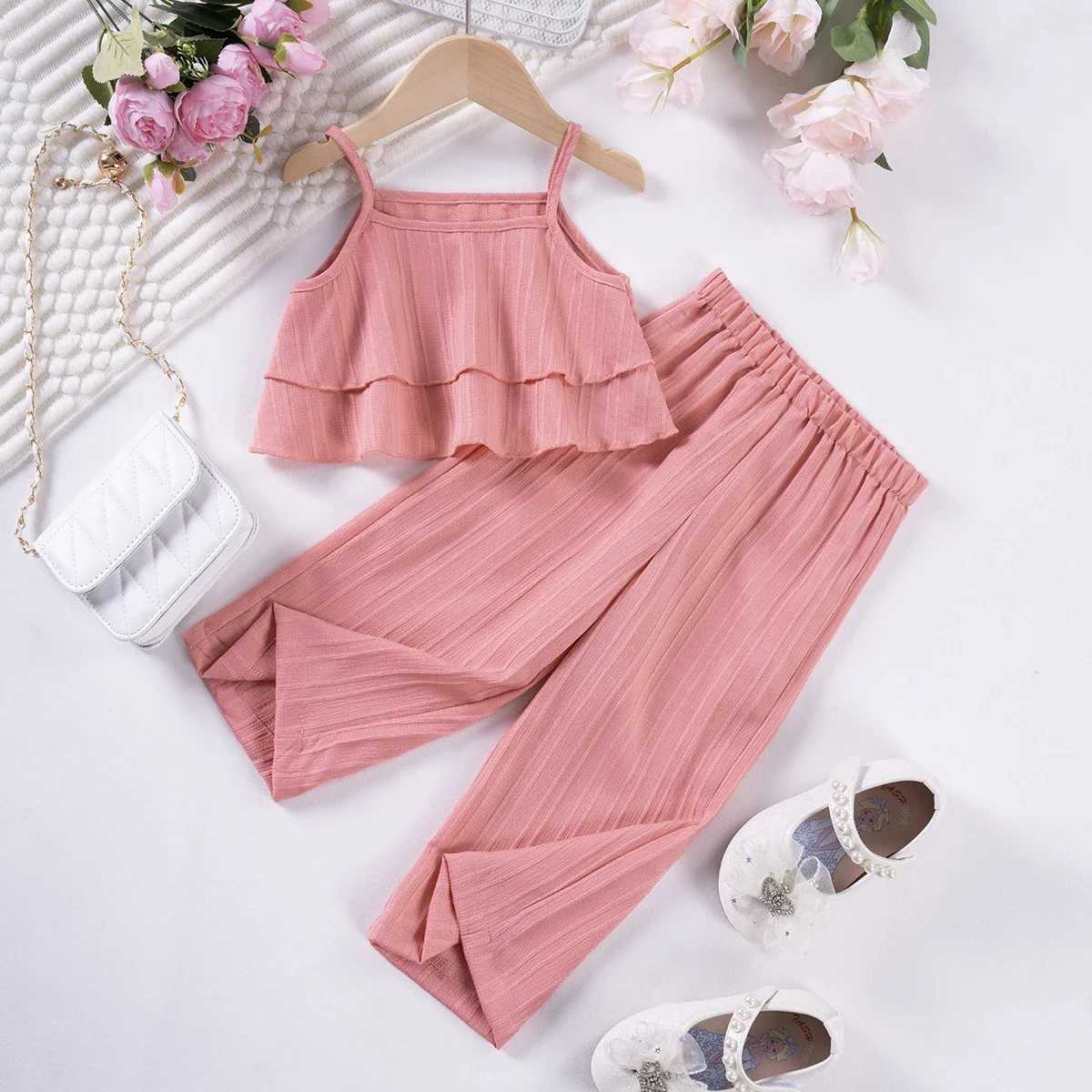 2024 Summer Casual Fashion Set for Preschool Girls Solid Color Wave Striped Strap Pants 2 pieces Baby Girls Clothing Hot SellingT250327