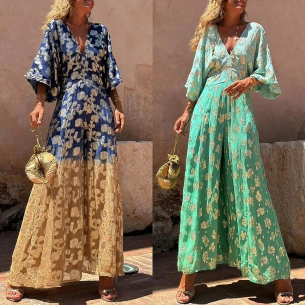 Elegant Printed Splicing Pants Fashion Deep Vneck Bat Sleeve High Waist jumpsuit Womens Casual Holiday Wide Leg 250326