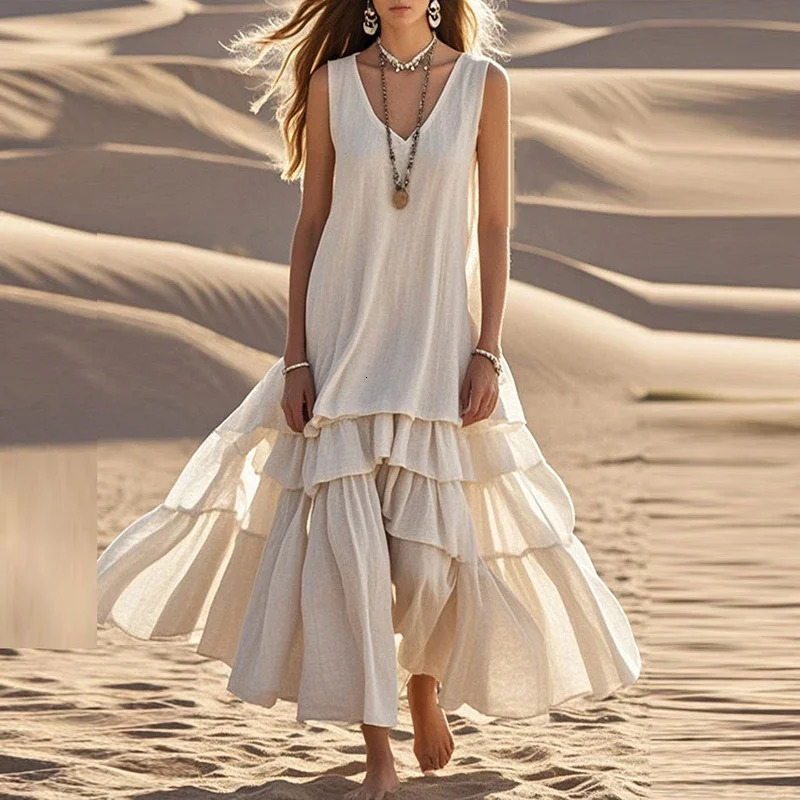 Retro Vneck pure cotton linen pleated vacation dress for women sleeveless white cake display summer womens beach 250324