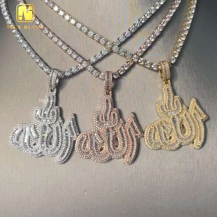 GRA Certificate Custom Made Iced Out Baguette Fine Hip Hop Unisex Jewelry Allah Charms 925 Silver VVS Moissanite Diamond Pendant