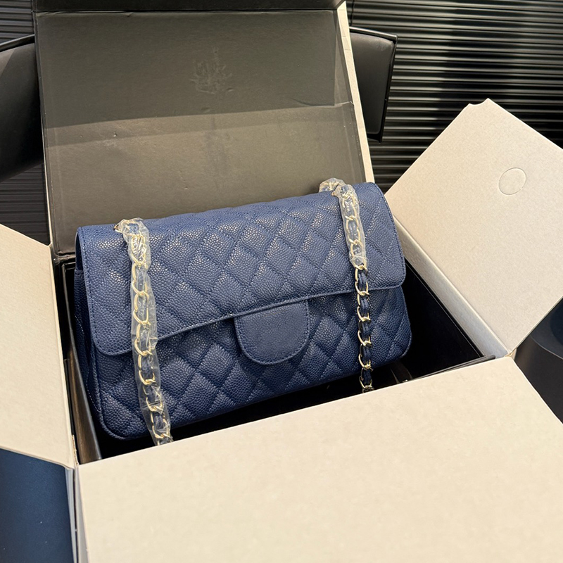 26cm Womens Designer Caviar Leather Classic Double Flap Quilted Shoulder Bags Diamond Lattice Quilted Gold Matelasse Chain Crossbody Handbags Purse Messenger Bag