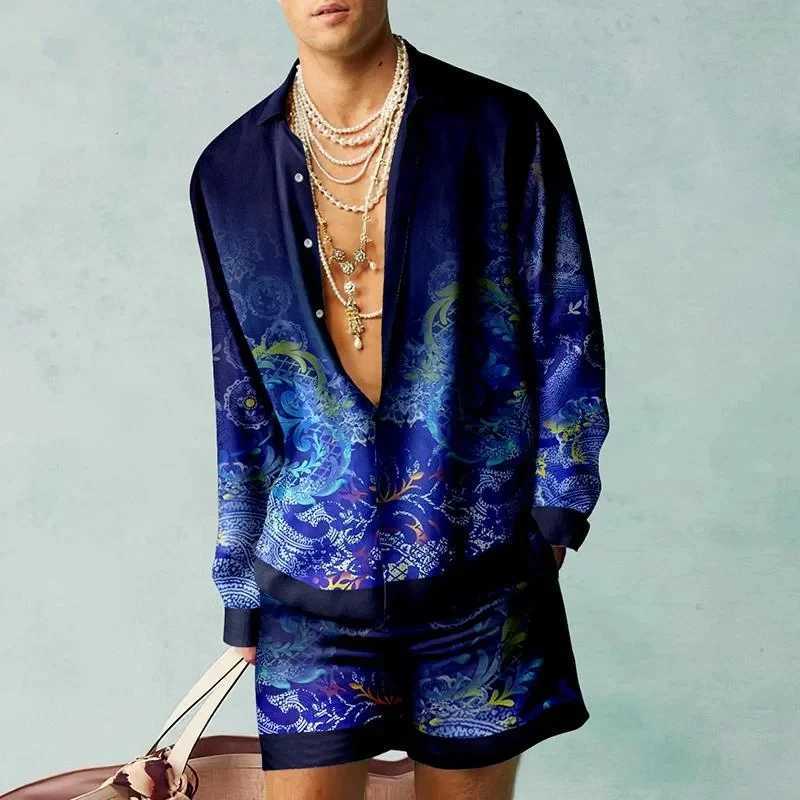 Hawaii Retro Fashion Beach Set Mens Casual Outdoor 3D Printed Abstract Long Sleeve Shirt 2-piece Set Loose Beach ShortsXJ250326