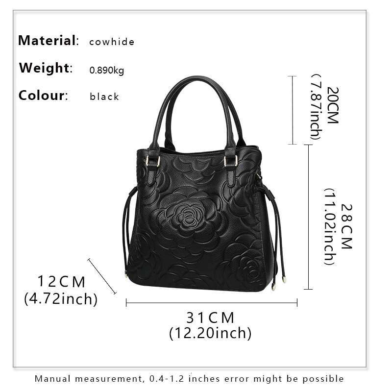 Aidrani Fashion Genuine Leather Large Capacity Women's Handbag Black Emed Cowhide Shoulder Bag