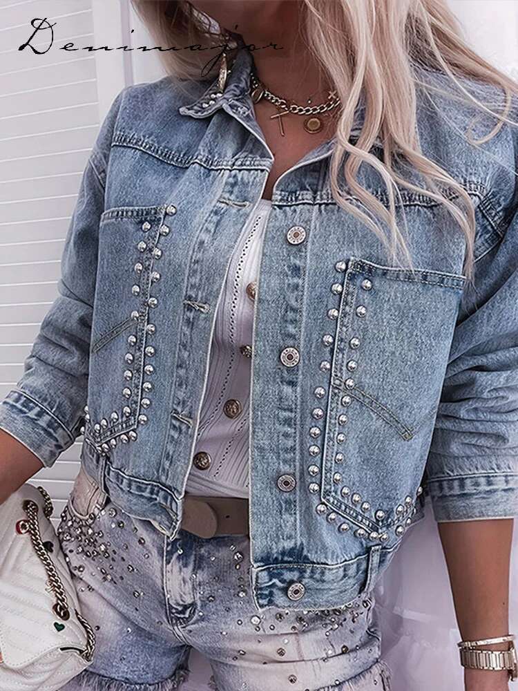 High Street Rivet Denim Women Jacket Turn-Down Collar Single Breasted Female Coats Spring Summer New Chic Y2k Lady Jackets