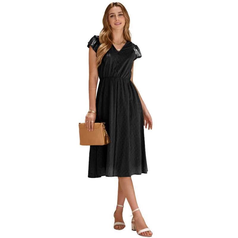 Dongdumaoyi Lente Zomer Nieuwe Collectie Casual Effen Kleur V Hals Tailleafgevende Jurk Frisse En Stijlvolle Damesmodejurk