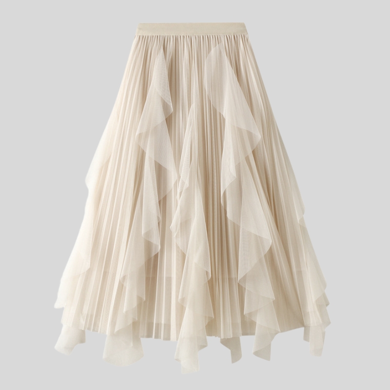 Spring new high-waisted lotus leaf edge splicing mesh skirt women's medium and long big pendulum pleated skirt