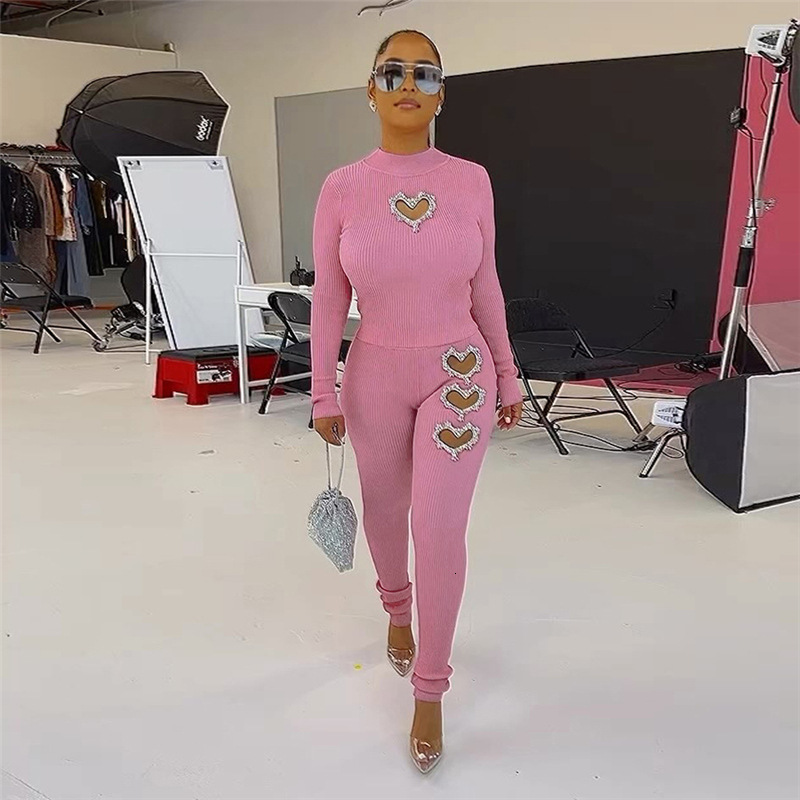 Designer Jumpsuit Spring Long Sleeved Set 2025 New Fashion Casual Hollow Out Women's Sports Set Hot Diamond Top High Waist Tight Women's Pan