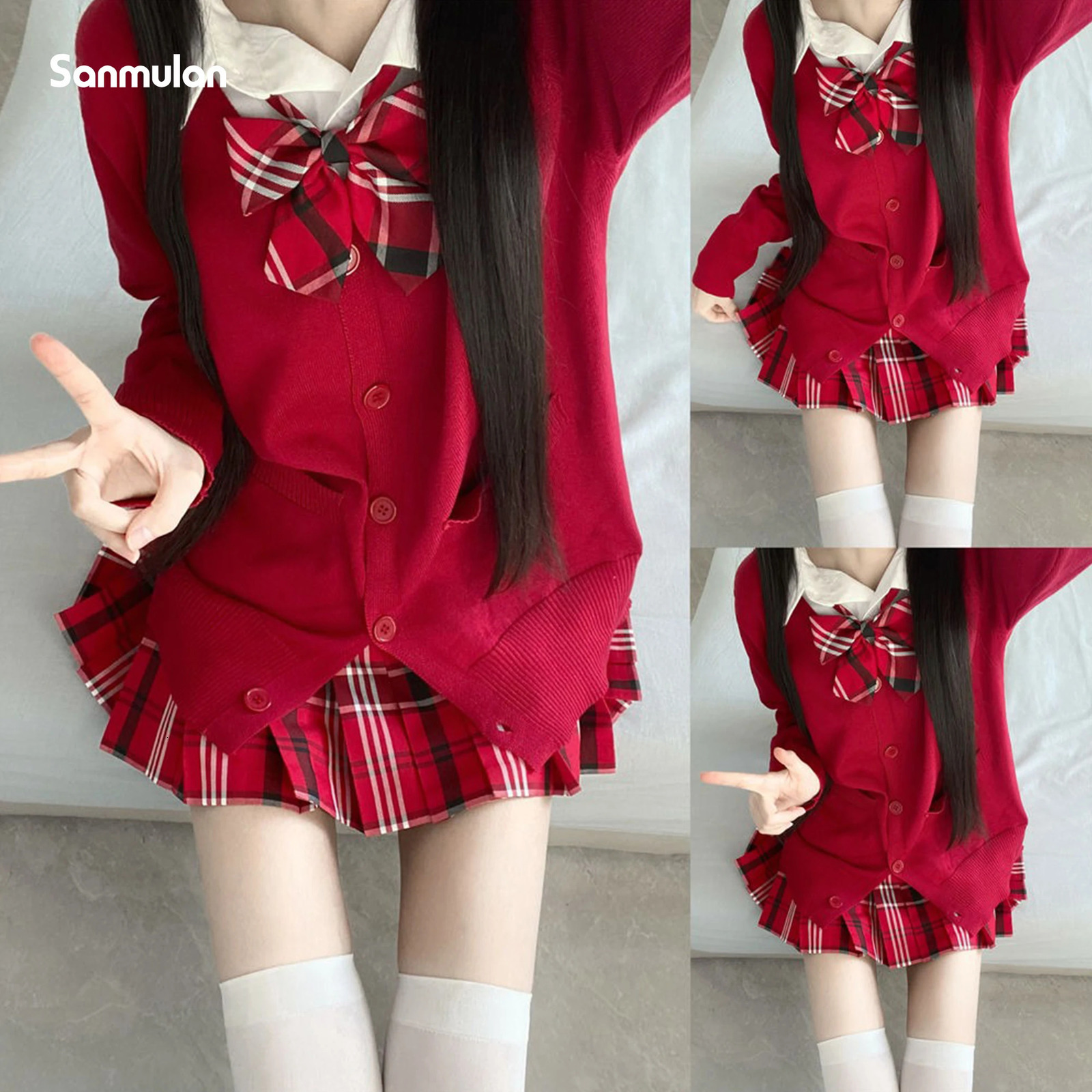 3piece set of multicolor sweaters and plaid skirts for Japanese Korean school uniforms JK uniform with bow graduate clothing 250326