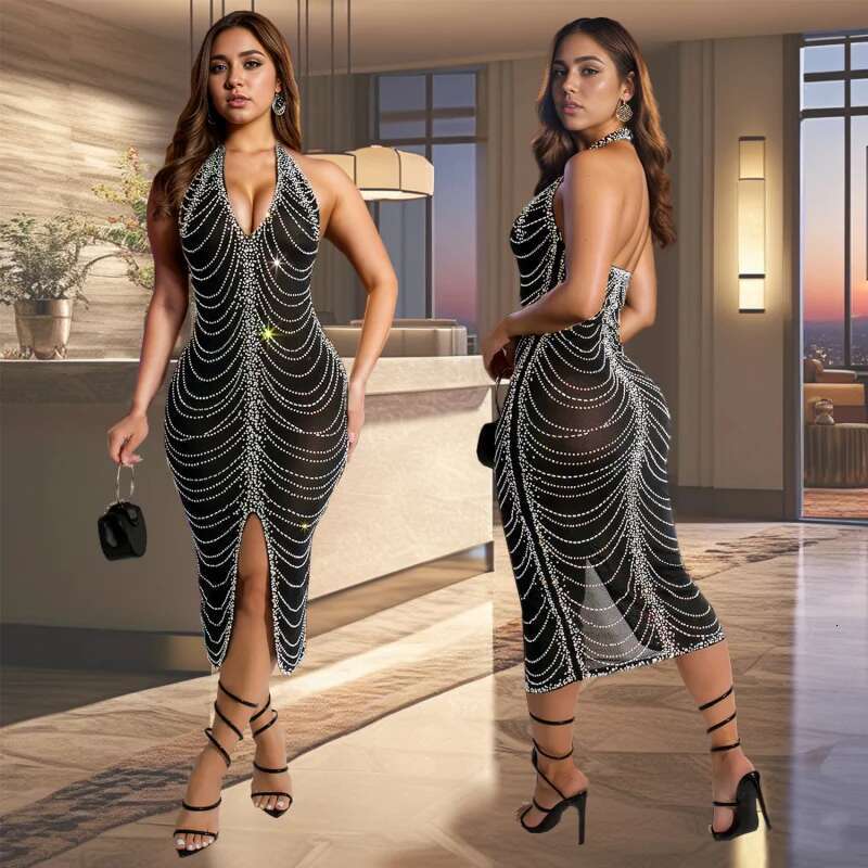 Dongdumaoyi Mode Dames Strass Slim Fit Sexy Bodycon Lange Jurk C