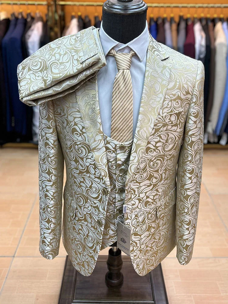 Fashionable Jacquard Elegant Mens 3Piece Set Wedding Groom Evening Dress Jacket Pants Vest Formal Banquet Ball 250326