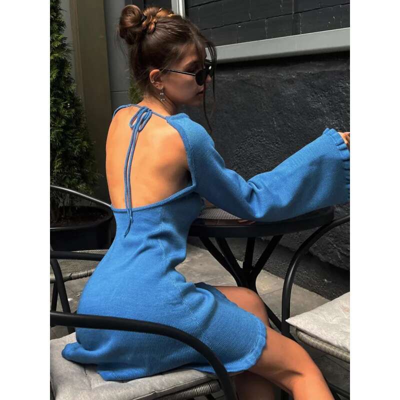 Dongdumaoyi Mode Instagram Stijl Sexy Hollow Out Backless Tie Terug Houder Lange Mouw Bodycon Zeemeermin Vrouwen Jurk C