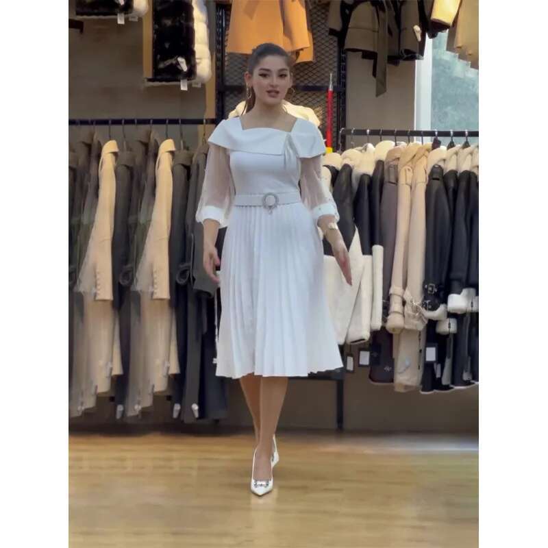 Dongdumaoyi Herfst Nieuwe Witte Mesh Lange Mouw Geplooide Rok Jurk Met Riem C