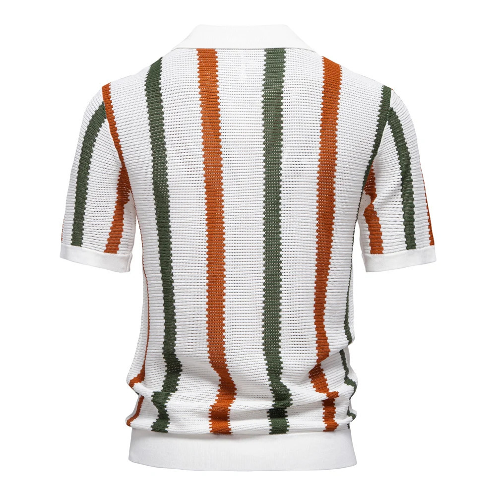 AIOPESON mens ribbed knit polo shirt breathable striped casual wear comfortable collar highquality 250311