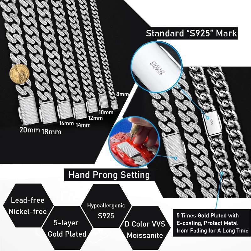 D VVS Moissanite 8-20mm S925 Sterling Silver Cuban Link Bracelet Miami Chain Necklace For Men Singer Style Rap Hip Hop Jewelry