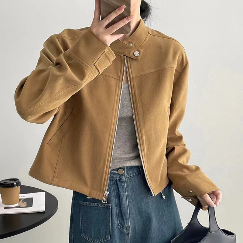 American retro short sleeved jacket Y2K autumn stand up collar long sleeved zipper jacket Harajuku streetwear fully matched motorcycle clothing 250322