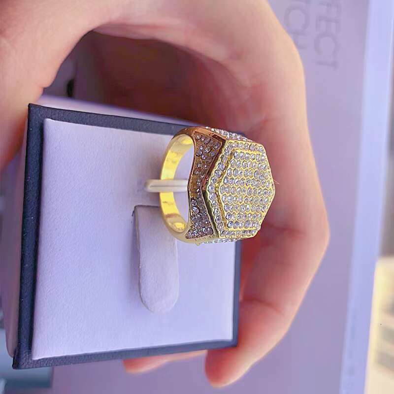 Mens Iced Out CZ Hexagon Bling Pinky Ring 18k Gold Plated Hip Hop Ring for Men