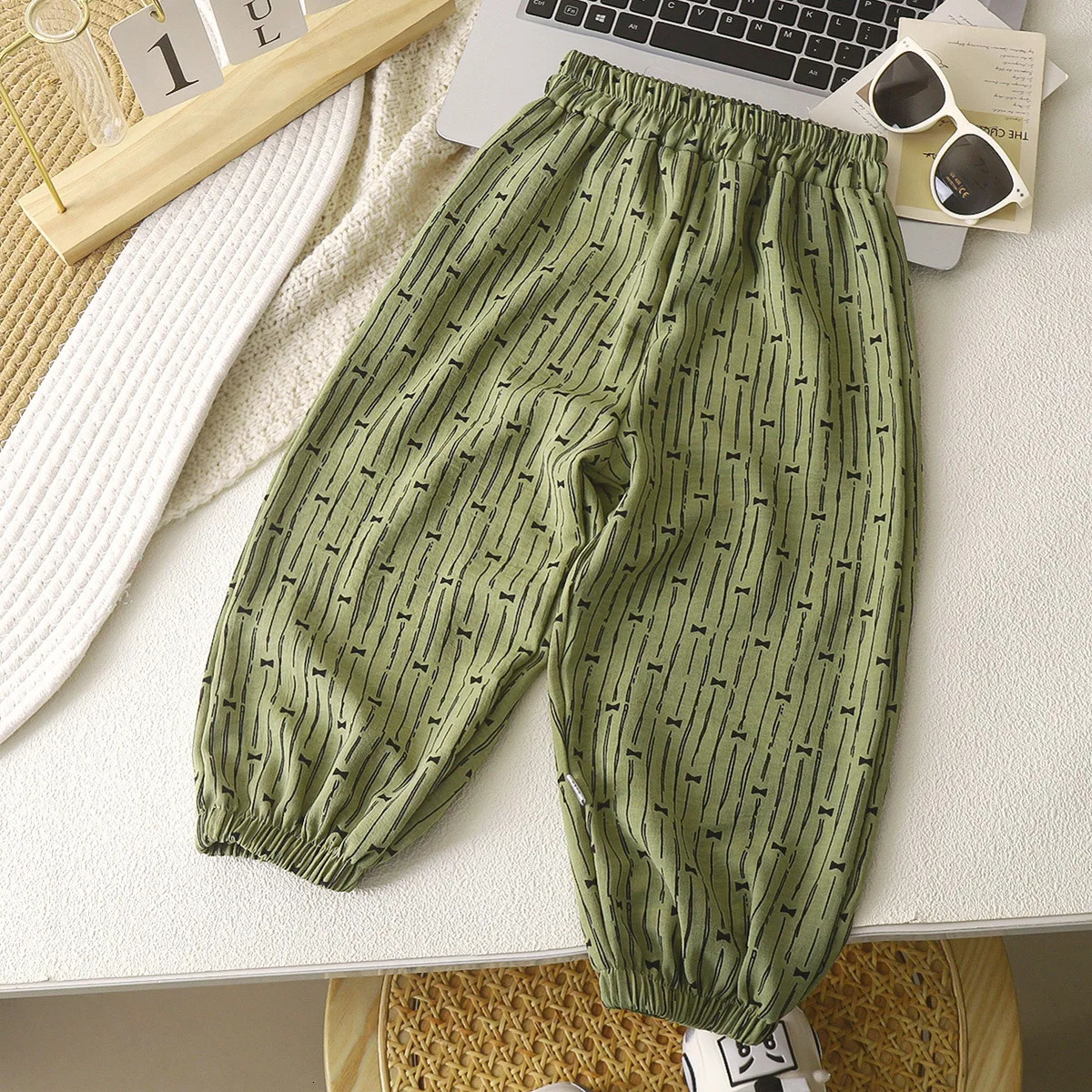 Childrens pants casual girls linen solid color loose pleated high waisted harem 250325