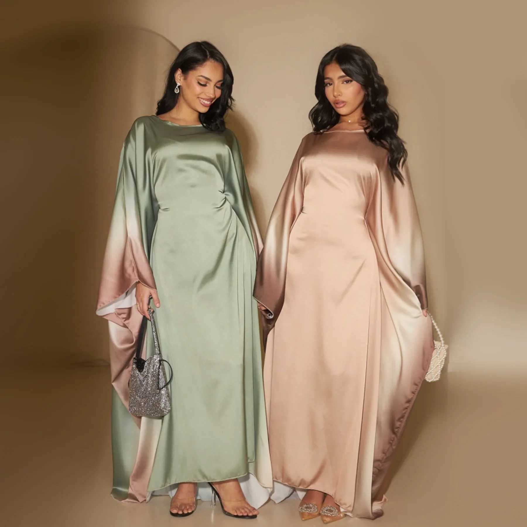 Butterfly Abaya Inside Belt Muslim Party Long Dress Gradient Satin Abayas for Women Dubai Turkey Islamic Clothes Eid Kaftan Robe X250514