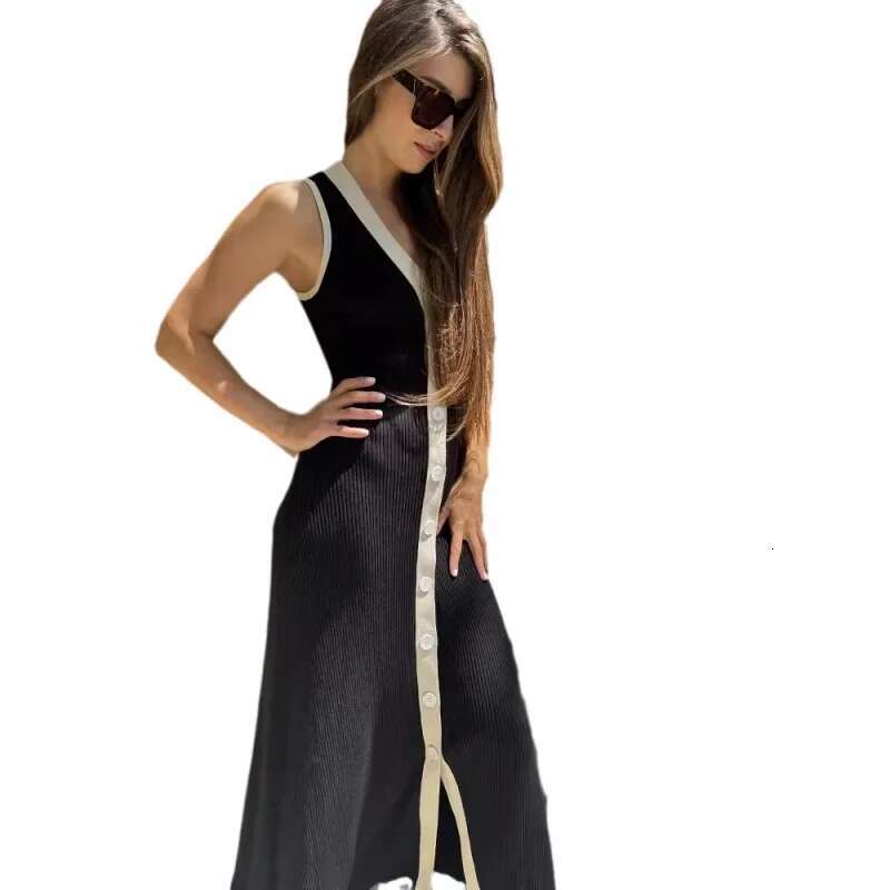 Dongdumaoyi V Kraag Sleepveless Single Breasted Gebreide Jurk Strakke Midi Contrast Kleur Vest Sexy Zomerjurk C