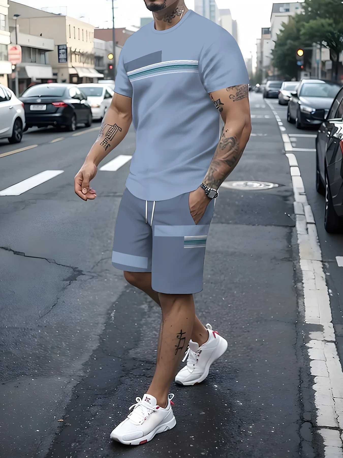 Comfortable polyester mens casual fashion set - unique printed design washable T-shirt and drawstring shortsXJ250326