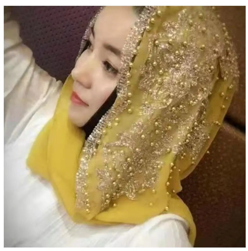 Muslim chiffon headscarf beaded womens Muslim gold diamond sequin long scarf headscarf Hoofddoek fashionable flat headscarf 250322