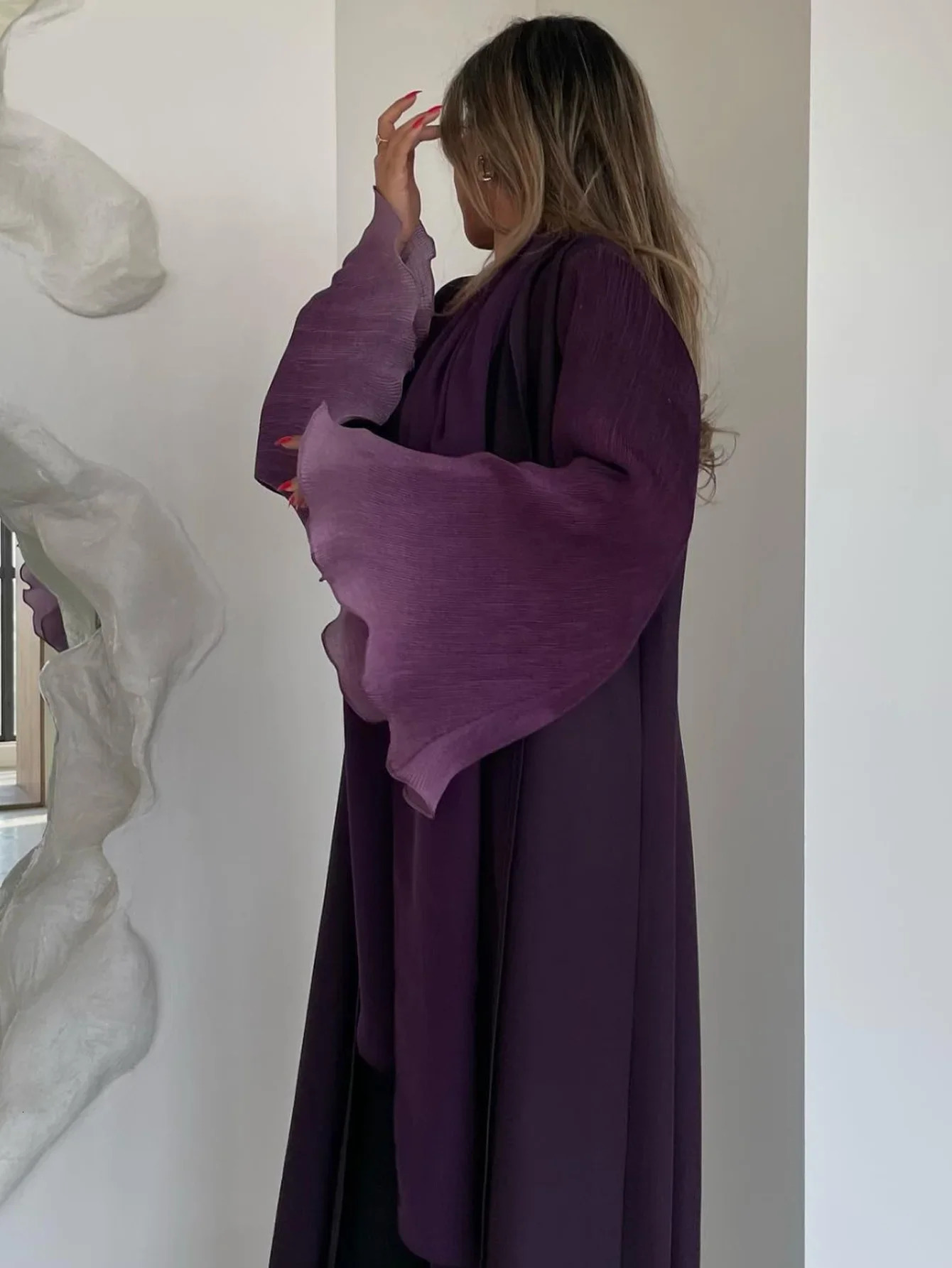 Middle East Abaya Muslim Womens Flame Sleeve Casual Arab Pleated Open Front Abayas Kaftan Islamic Dress 250326