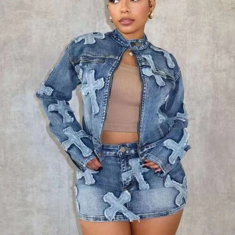 Patchwork Denim Jacket Skirt Suits Women Embroidery Zipper Long Sleeves Coat Mini Slim Skirts 2025 Spring Y2k Street Female Set