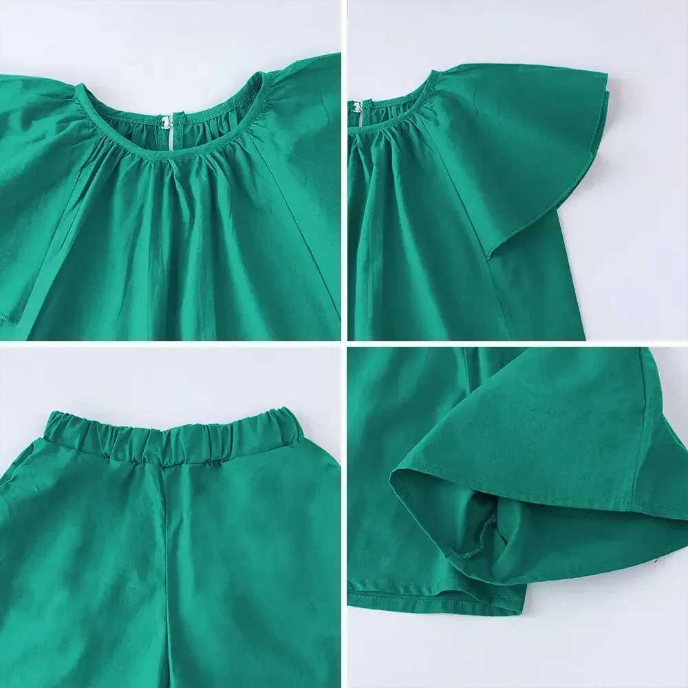 Green short sleeved set with round neck top and pants two-piece set for summer girls daily clothing for children aged 3-7 girls clothingT250327