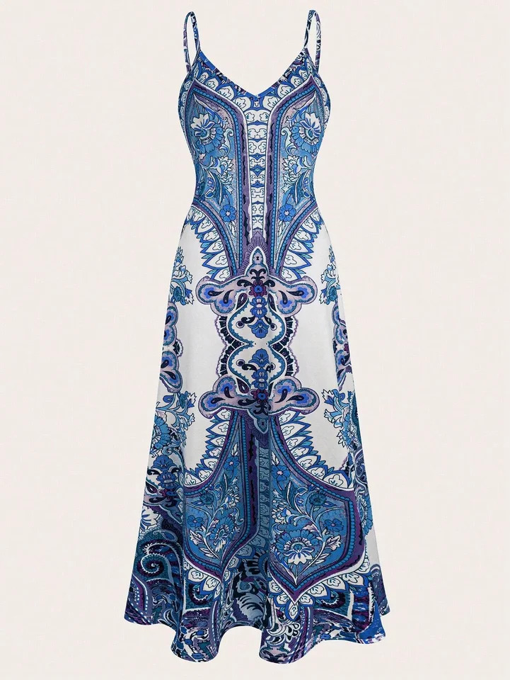 Summer womens printed camisole dress long adjustable waistband side pockets stylish and elegant suitable for beach vacations 250324