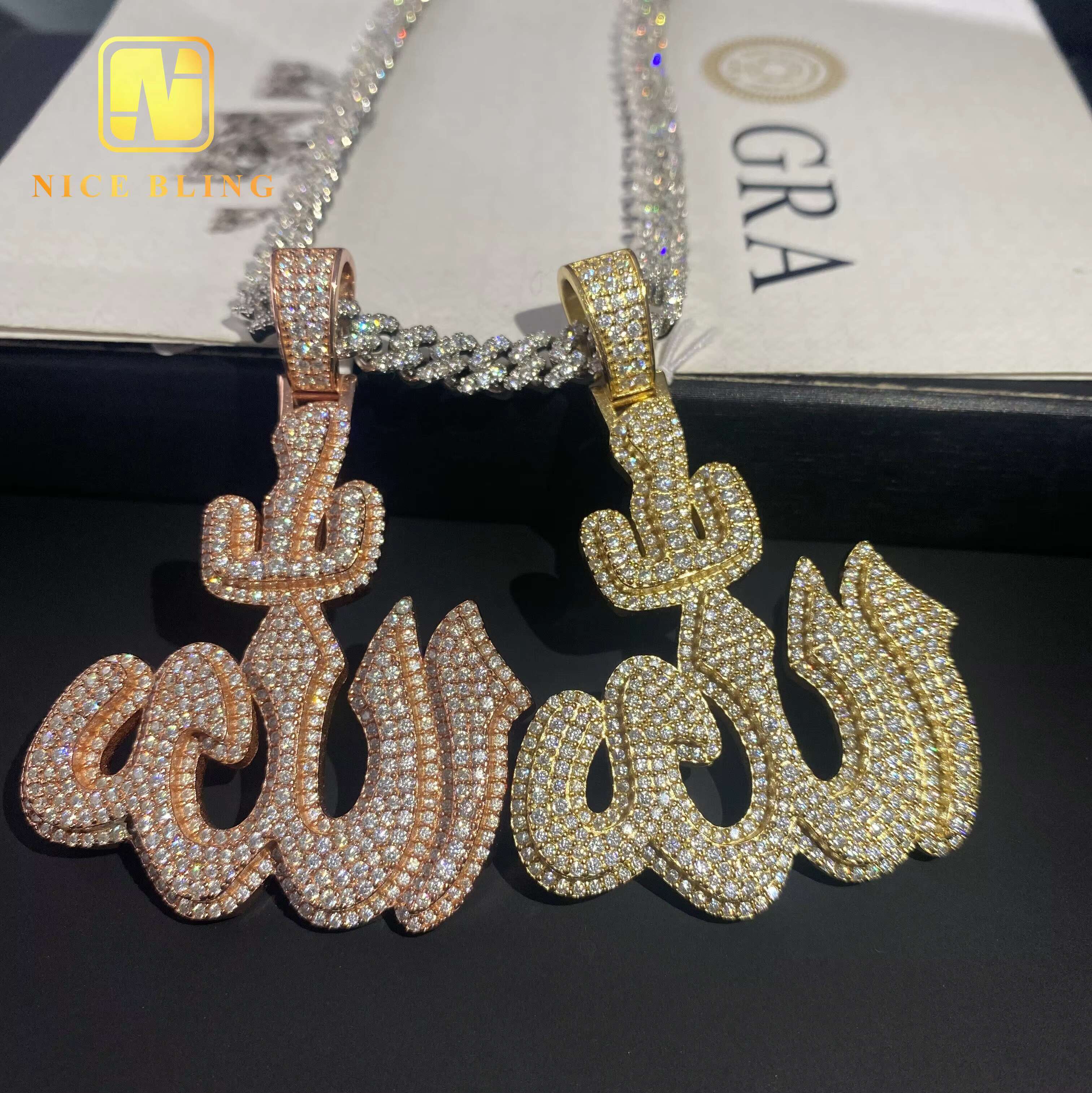 Pass Diamond Tester Custom Hip Hop Moissanite Diamond Jewelry Ice Out 925 Sterling Silver VVS Moissanite Fire Allah Pendant