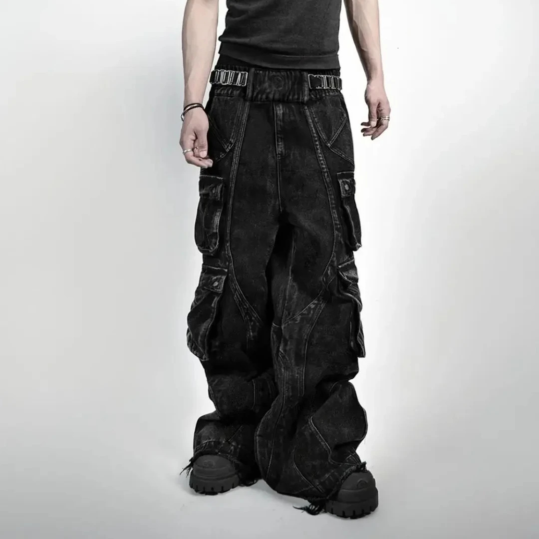 American Vintage Gothic Black Y2K Washed Multi-Pocket Spliced Raw Edge Jeans Mens Loose Street Trend Hip Hop Rap Wide Leg Pants 250317