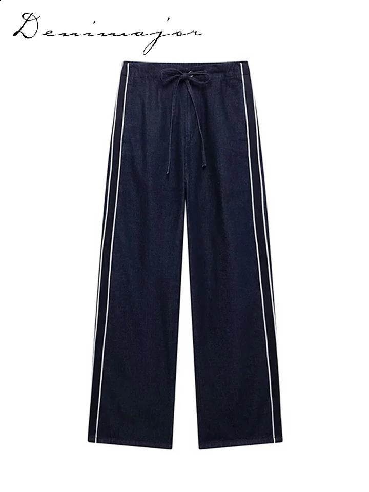 Street denim striped pants set womens long sleeved stand up collar pocket zipper jacket straight lace casual jeans 250326