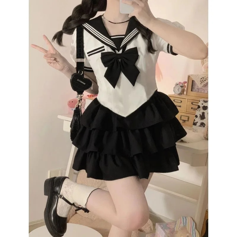 Japanese school uniform Jk Plus size S8XL sailor Korean preparatory girls navy bow pommel womens ski suit 250326