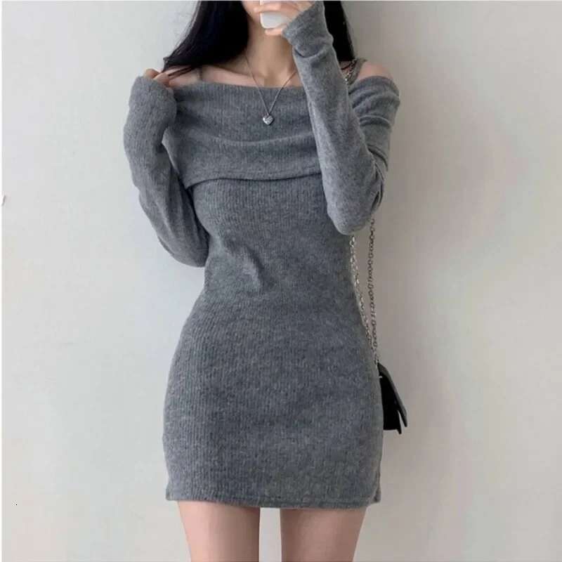 Knitted Chic Dress Sexy Korean Shoulder Bared Belted Ribbed Wrap around Mini Skirt for Small Figures Stylish Autumn Winter
