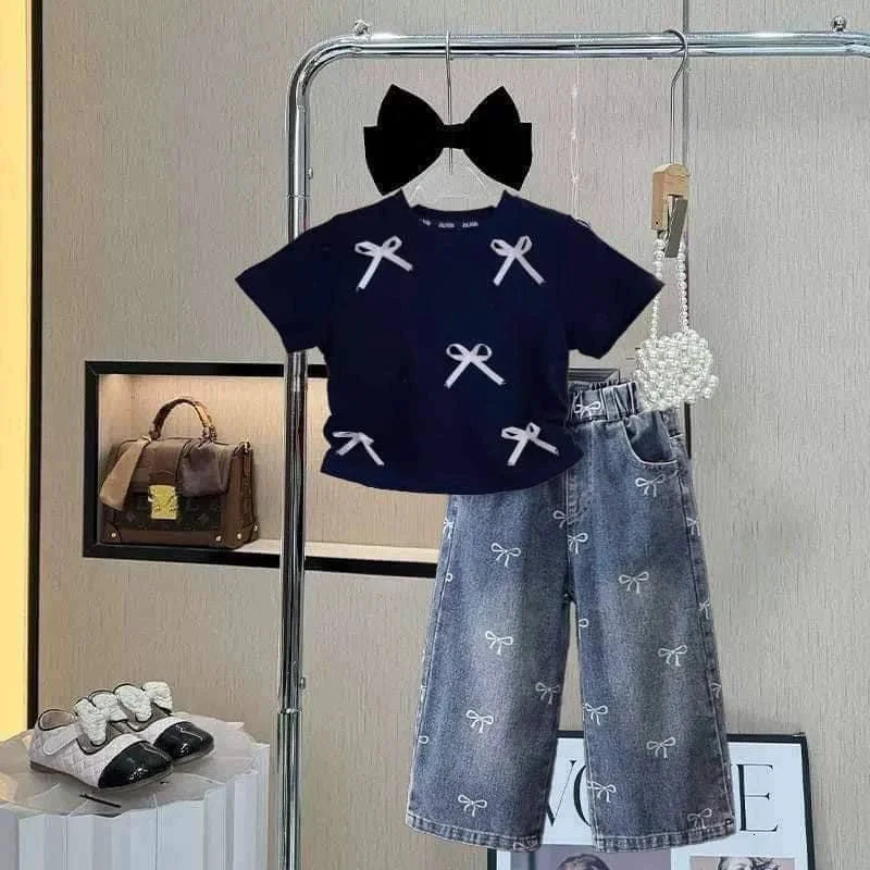 Childrens Clothing Sets Girls Bow Top Suit Kids Short-Sleeved T-Shirt Jeans 2 Pieces Summer Sweet Fashion Outfit 3-10 Years 250326
