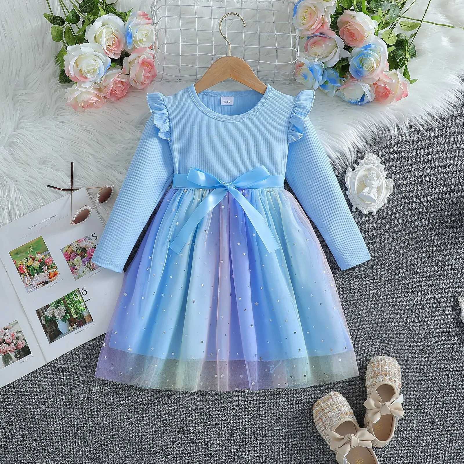 Girl Dress Blue Autumn Princess Dress Childrens Clothing Birthday Par Dress Pink Sleeping Childrens Fashion Rainbow 1-6Y W250326