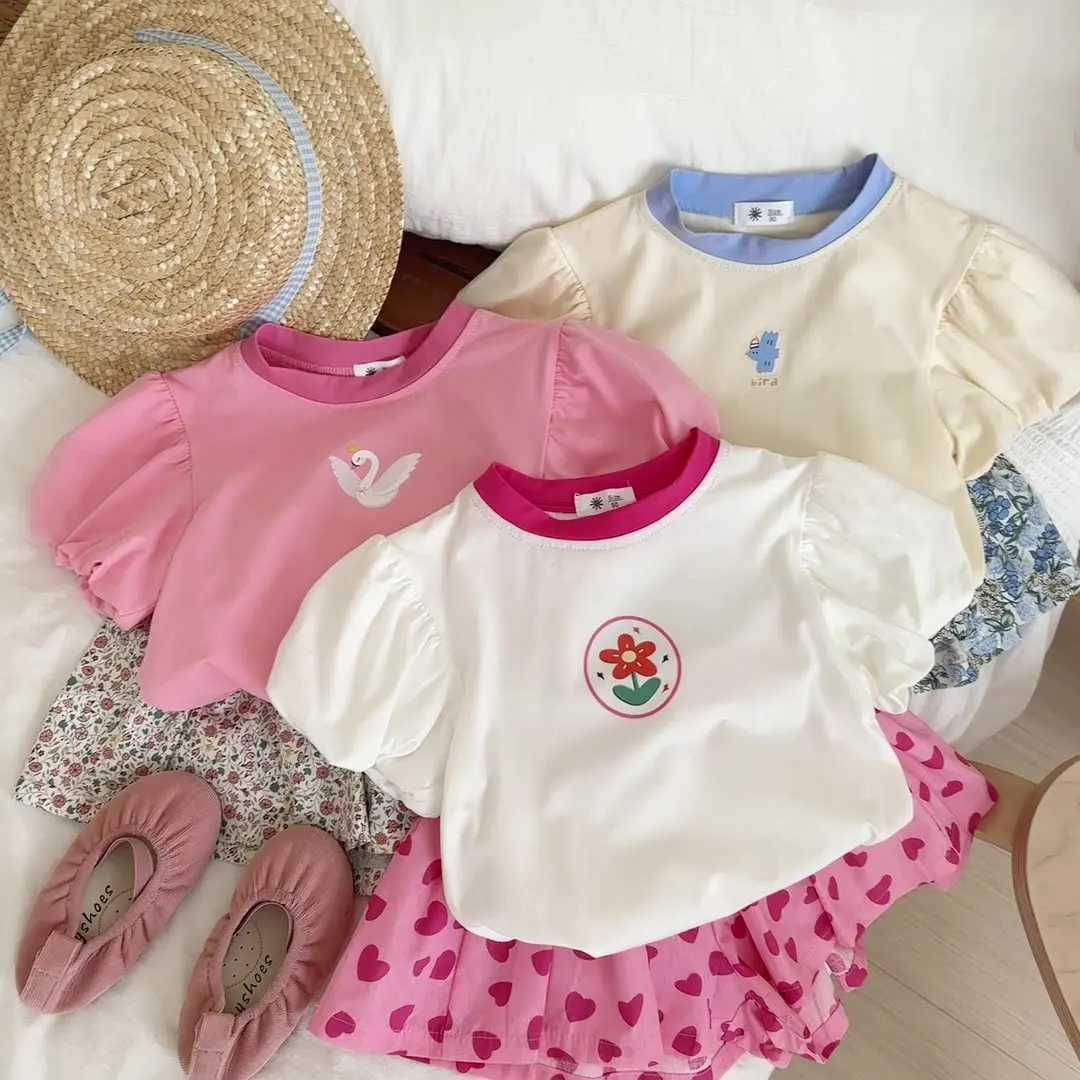 Childrens summer new short sleeved set girl T-shirt short sleeved set cute bubble sleeve T-shirt girl fashion two-piece setT250327