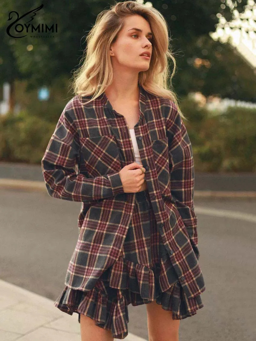 Oymimi elegant red printed womens twopiece fashionable long sleeved pocket button up shirt and mid waist pleated mini skirt set 250326
