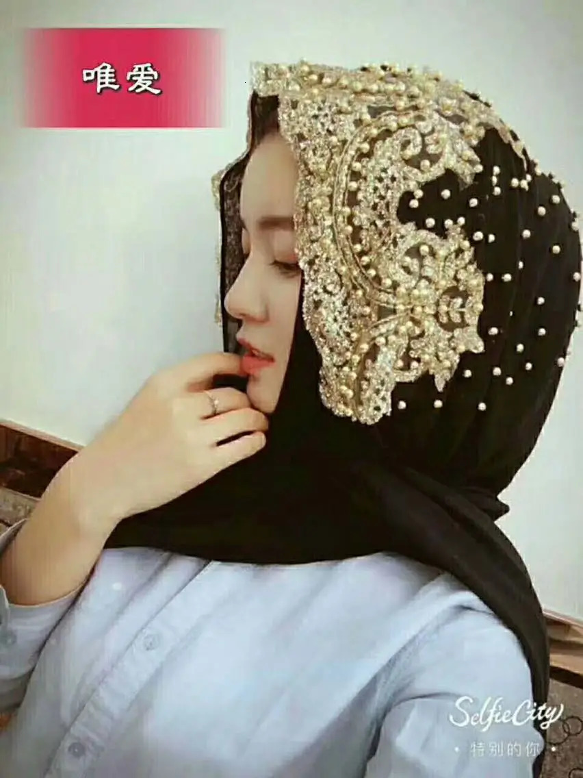 Muslim chiffon headscarf beaded womens Muslim gold diamond sequin long scarf headscarf Hoofddoek fashionable flat headscarf 250322