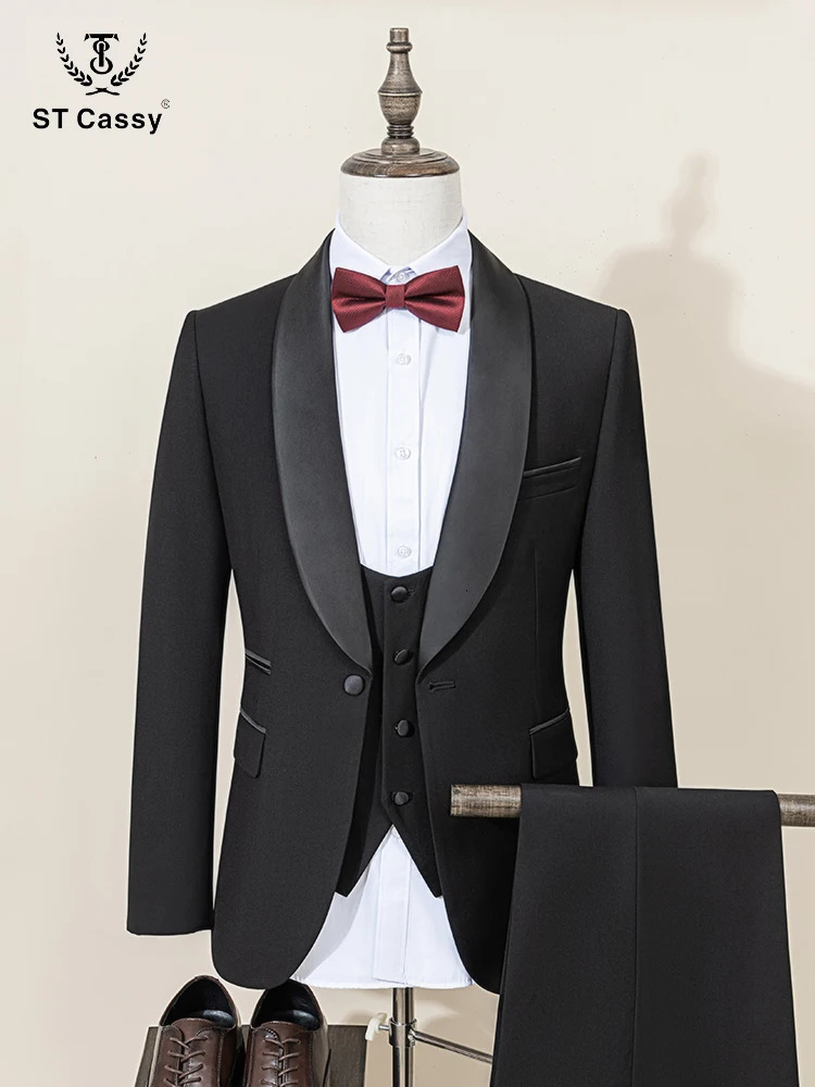 T Cassy elegant mens clothing black collar classic formal wedding dress three piece set orthogonal suit 250326