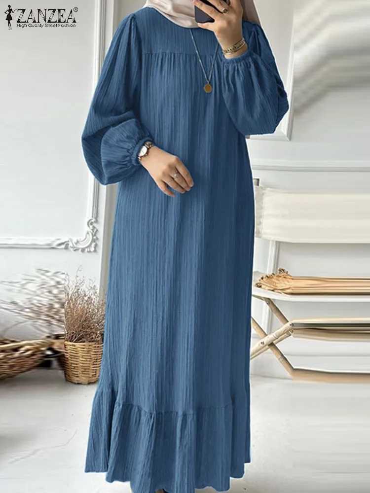 ZANZEA Fashion Ruffles Hem Muslim Sundress Woman Puff Slve O Neck Dress Autumn Elegant Party Abaya Vestidos Islamic Clothing X250514